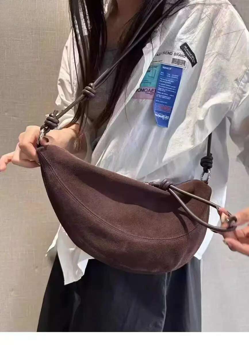 New High-End Soft Lambskin Matte Suede Leather Half Moon Pea Shape Saddle Green Coffee Women Shoulder Crossbody Bag Genuine Leather BagVoyage