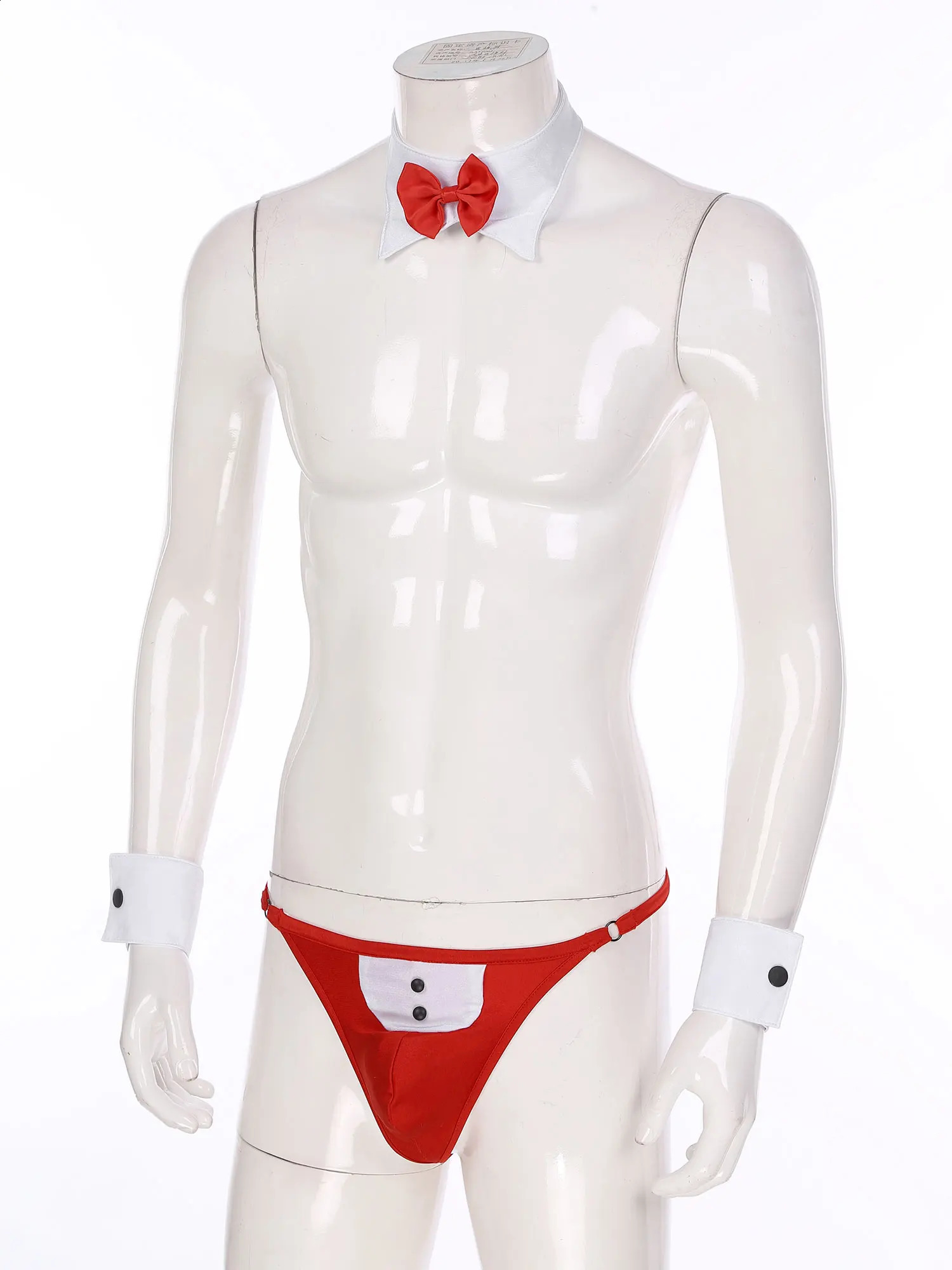 3Pcs Mens Waiter Tuxedo Sexy Cosplay Outfit Lingerie Open Back Tuxedo G-string Thong Underwear with Bow Tie Collar And Bracelets 241118