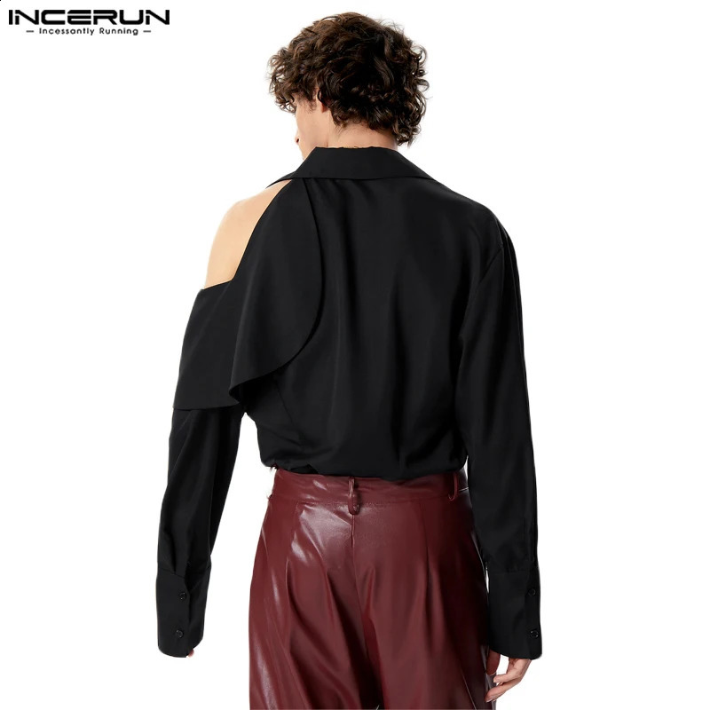 Mens Solid Color Collar Long Sleeve Hollow Street Clothing Mens Clothing Ruffle Fashion Casual Camisas S-5XL INCERUN 241115