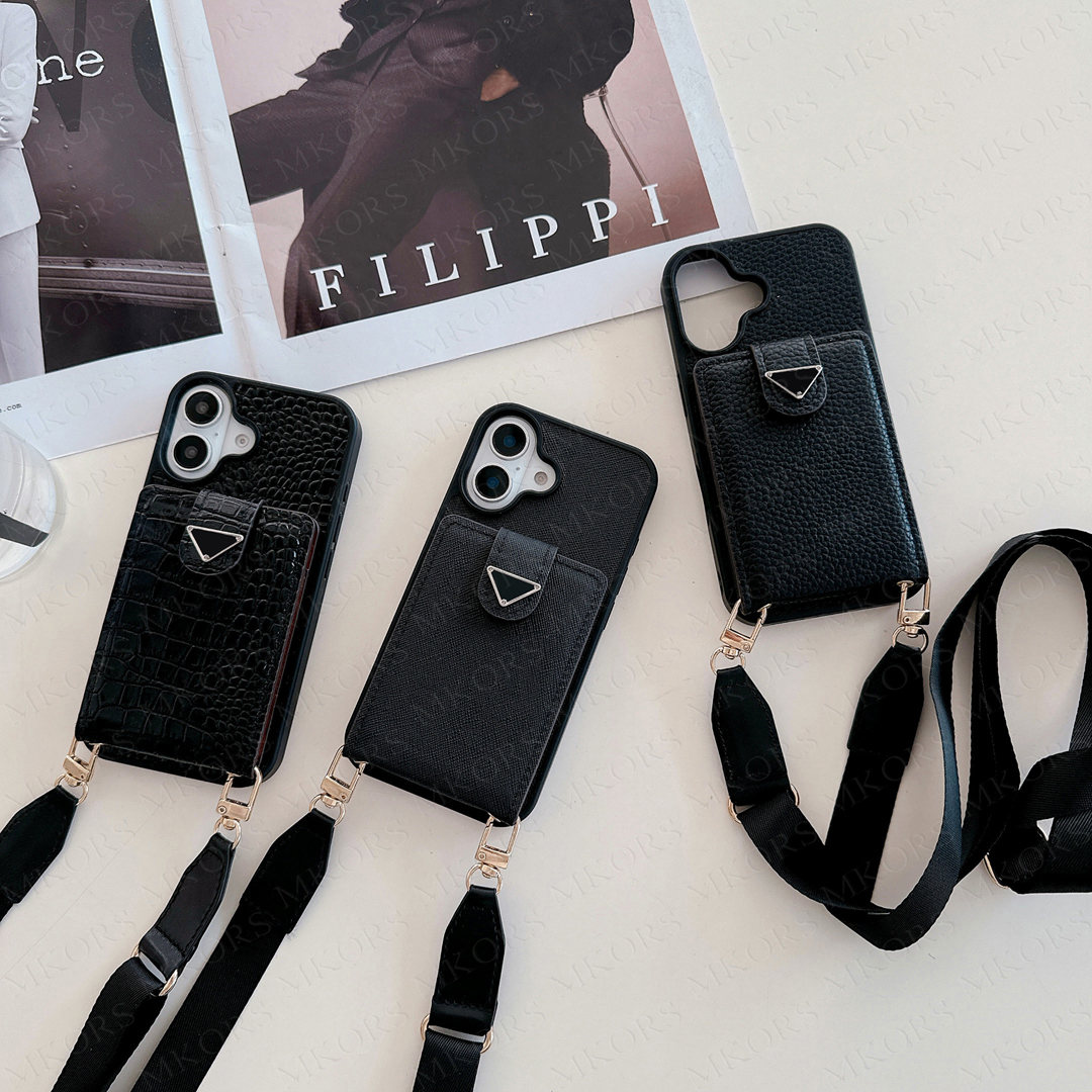 Designer Shoulder Bag Phone Case for iPhone 16 15 Pro Max 14 13 12 11 X Xs Xr 8 7 Plus Leather Folio Card Slot Pocket Detachable Neck String Strap Cov