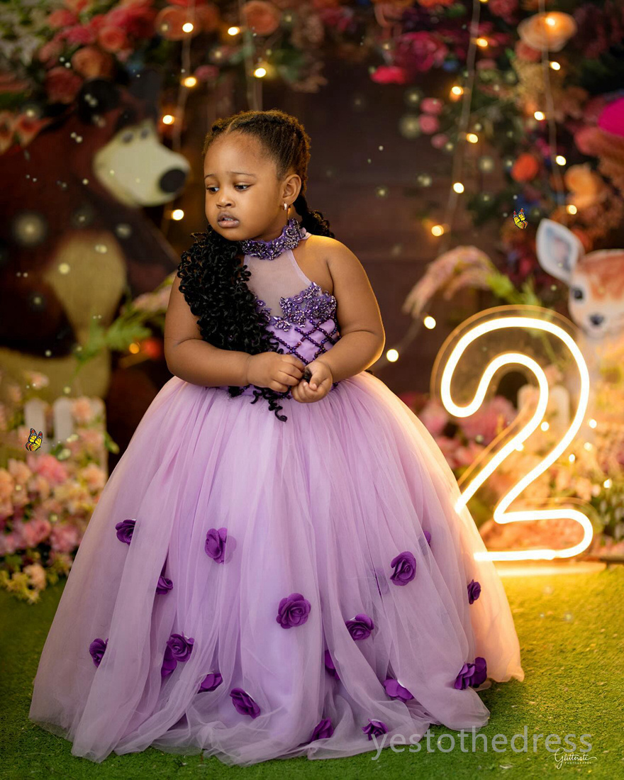 R&W 2024 Purple Girls wer Communion Gowns Halter Pearls Beaded Crystal Princess Queen Birthday Party Dress for Cute Little Girl F127