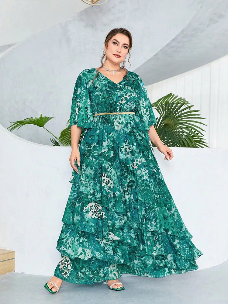 New Women Plus Size Maxi Dresses Stylish Elegant Chiffon Dress Casual Vneck Flared Sleeves Vintage Green Print Vacation Dress