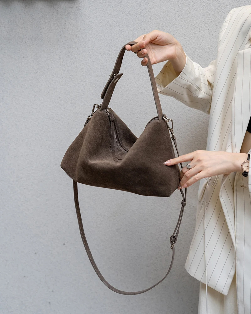 Donna-In Natural Cow Suede Handbag For Women Large Capacity Soft Shoulder Spring Retro High Quality Zipper Crossbody Bags Check BagVoyage