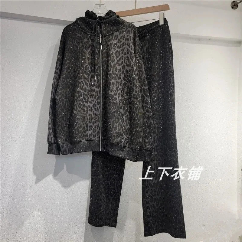Leopard Print Loose Hooded Coat Leisure Suit Sportswear Women Two Pieces Set Fashion Cardigan Zipper Hoodies Pants TwoPiece 241118