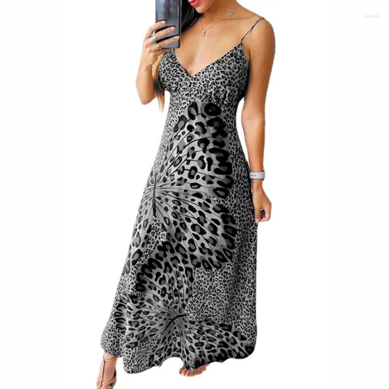 Casual Dresses Y2K INS Sexy Strap Sleeveless V Neck High Waist Vacation Dress Elegant Leopard Butterfly Print Bohemian For Women