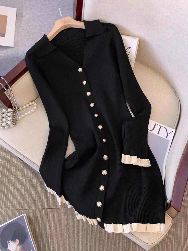 Lanjia- CNLONGBIDA Casual Dresses Autumn Winter French Fashion Old Money Long Sleeve Knit Dress Women 2000S V-Neck Frock Mini One-Piece Vintage Coquet