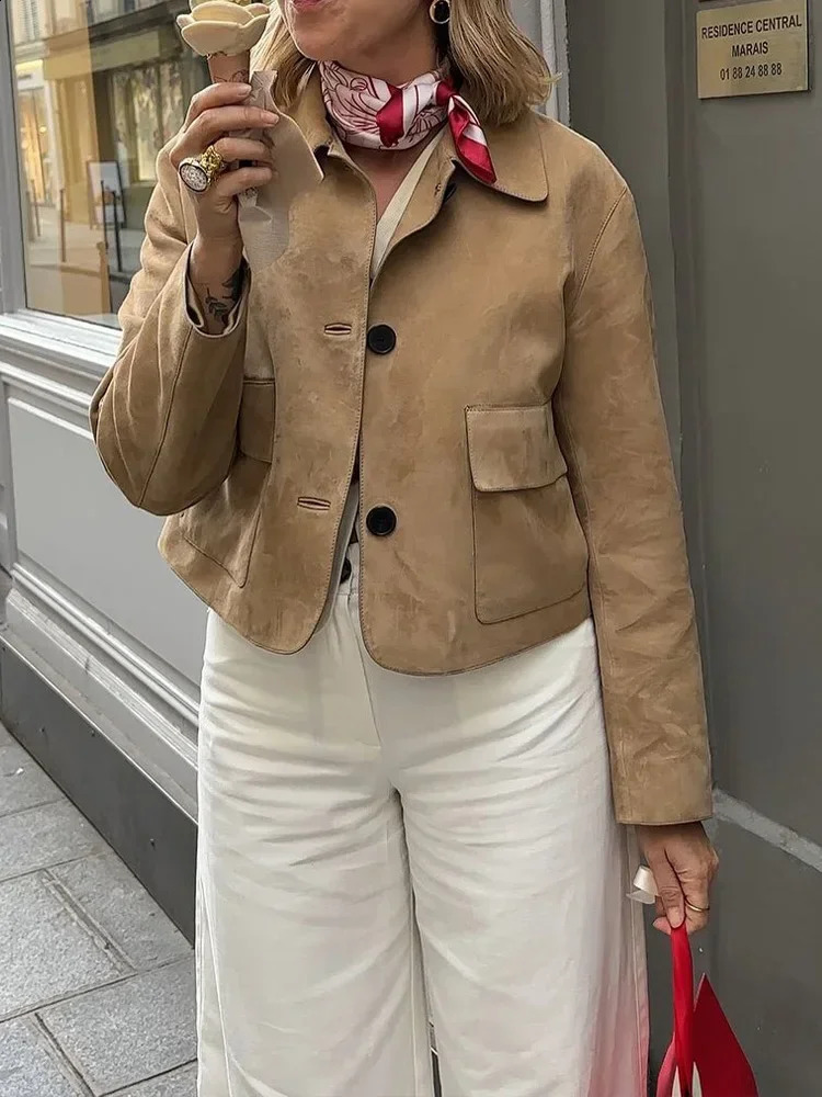 2024 Autumn Womens Street Clothing Fashion Suede Leather Long Sleeve Cutting Jacket Womens Casual Collar Single Chest Pocket Jacket 241118