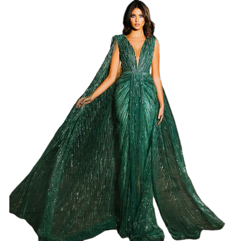 Elegant Green Sequined Prom Dresses Front Split Cape Sleeves Arabic Dubai Long Formal Occasion Gowns Deep V-neck Modern Evening Dress For Women 2025