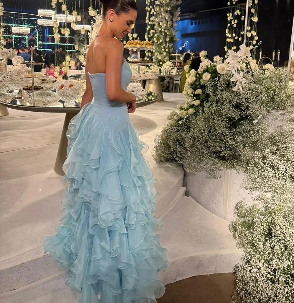 Light Fashion Blue Prom Formal Dresses Strapless Sleeveless Ruffles Tulle Evening Birthday Dress Party Gowns Robe De Soriee Customed