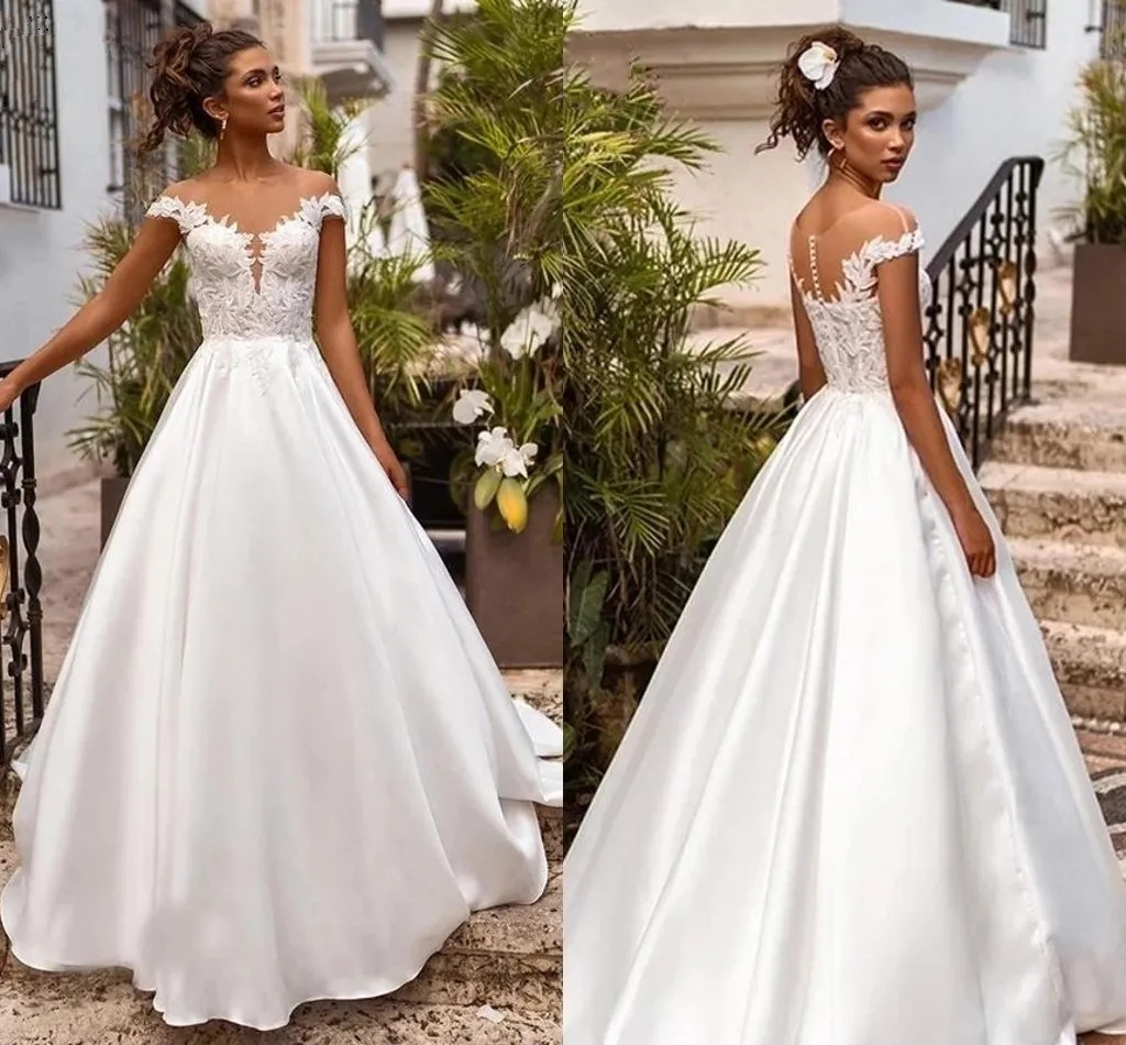 Elegant Satin A Line Wedding Dresses Sheer O Neck Lace Appliqued Boho Simple With Cap Sleeves Back Buttons Sweep Train Vestidos De NoviaYD