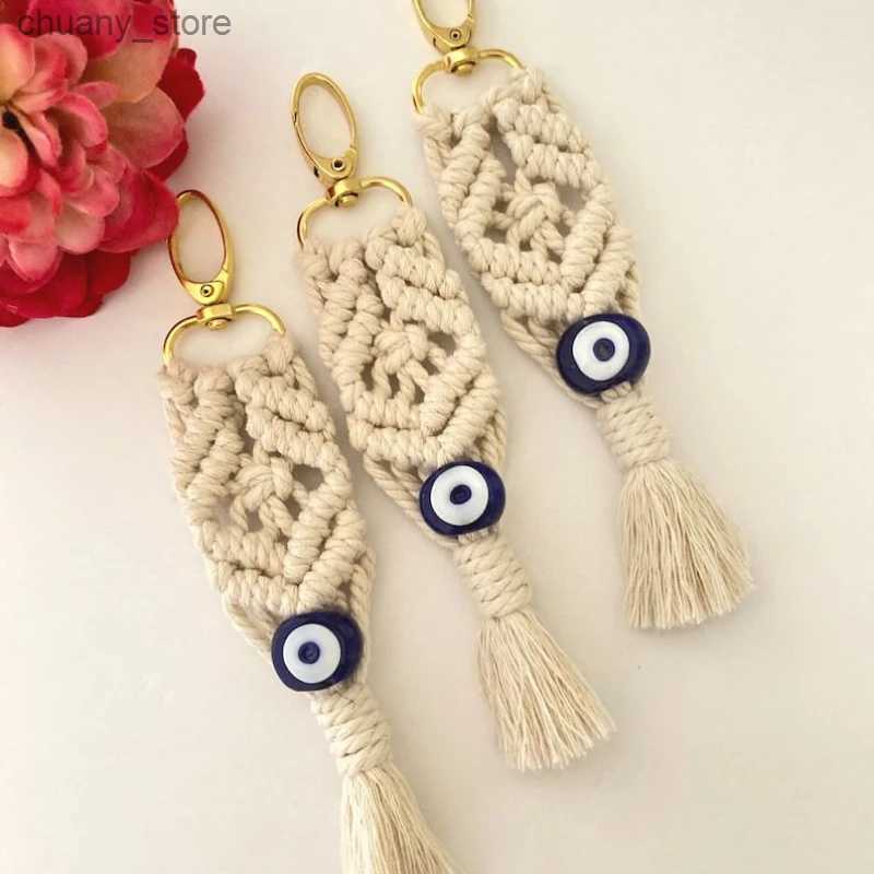Keychains Lanyards Bohemian handmade Macrame tassel hanging decoration Trkiye Evil Eye and blue glass eye key chain used for home and car decoration Y