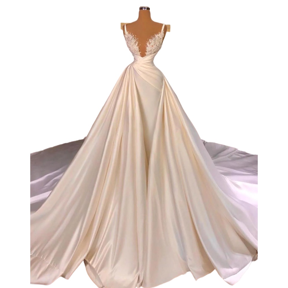 2024 Sexy A Line Wedding Dresses V Neck Spaghetti Straps Lace Appliques Crystal Beads Illusion Overskirt Satin Bridal Gowns wedding dress Detachable T