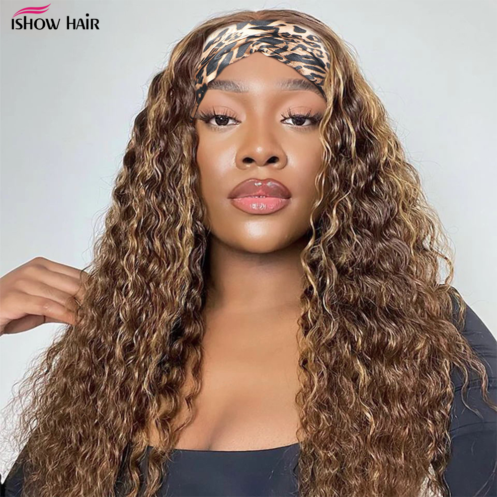 Ishow 4 27 Highlight Headband 250 Density Deep Wave Human Hair Wigs Honey Blonde Colored Full Hine Made Wig