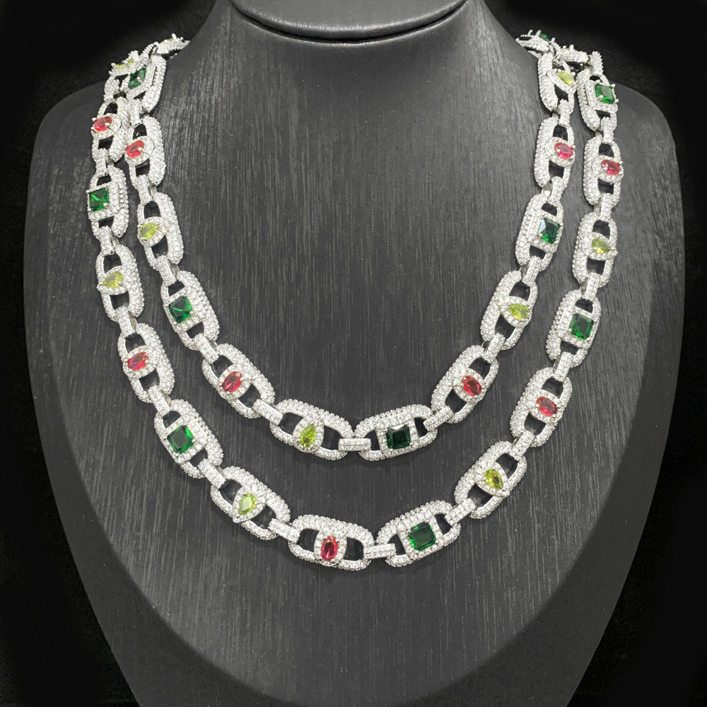 2025 Geometric Colorful Rainbow Cubic Zirconia 2025 New Hip Hop Men Jewelry Rectangle Cuban Link Chain Necklace