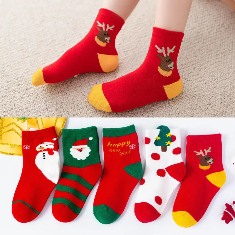 5 autumn and winter baby cotton socks for girls and boys aged 1-12 Christmas socks 241118