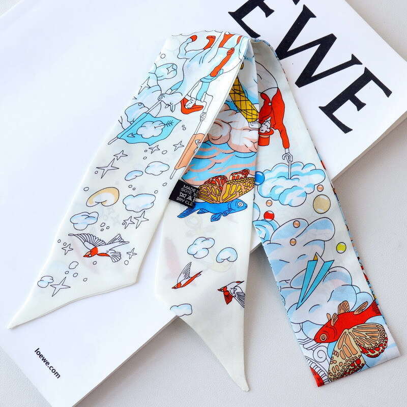 New Cloud Double layered Twill Small Thin Narrow Scarf Versatile Silk Ribbon Long Strip