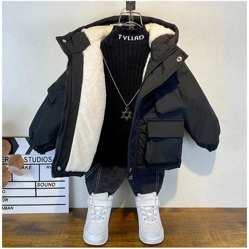 Winter Down Cotton Jacket Boys Black Hooded Coat Children Outerwear Clothing Teenage 38Y Kids Parka Padded Snowsuit 241118