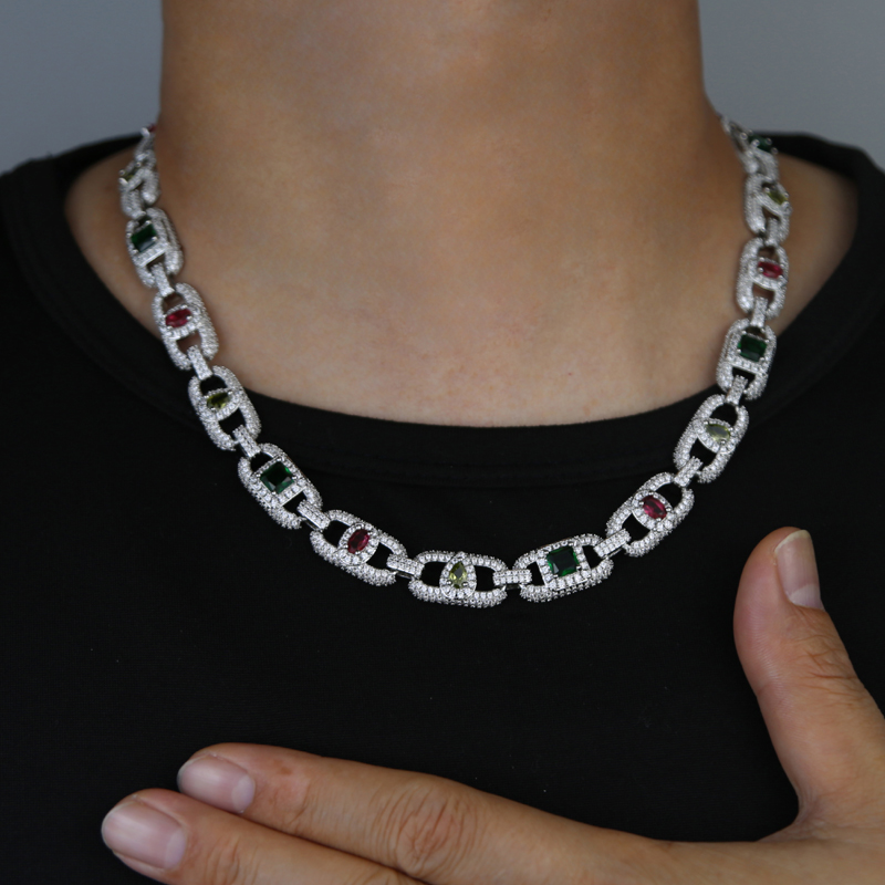 2025 Geometric Colorful Rainbow Cubic Zirconia 2025 New Hip Hop Men Jewelry Rectangle Cuban Link Chain Necklace
