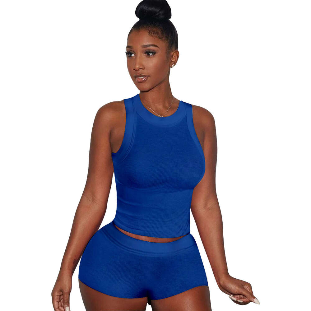New Summer Sportwear Womens Casual Classic Sexy Solid Color Tank Top Shorts Two Piece Set Pit Stripe Fabric