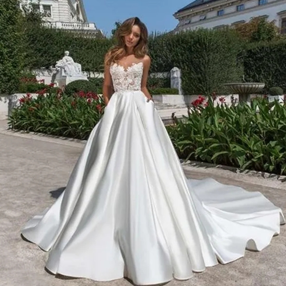 Modern Satin A Line Wedding Dresses For Brides With Pockets Sheer Crew Neck Lace Size Simple Bridal Gowns Sweep Train Backless Robes de Mariee YD