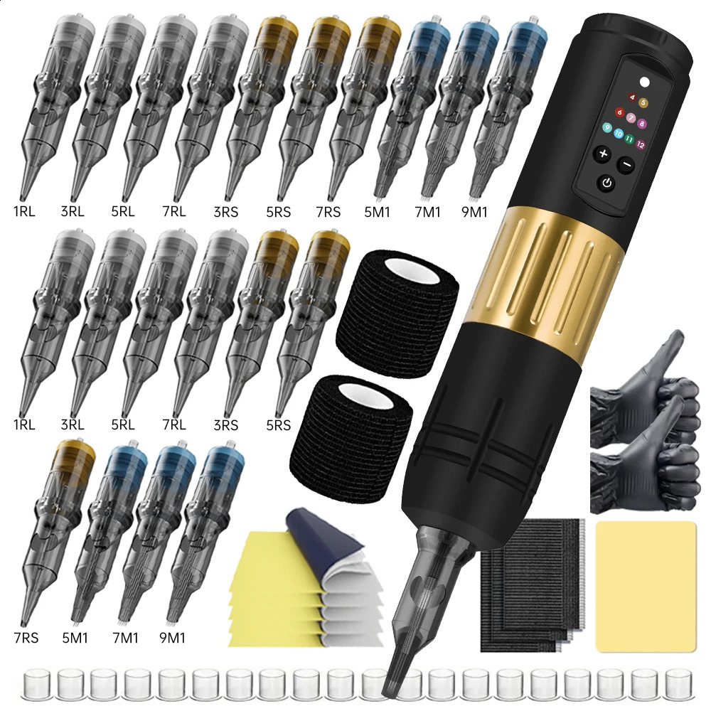 Wireless Tattoo Machine Kit Adjustable Travel 3.5mm Digital LED Display Screen 20 Mixed Tattoo Ink Cartridge Needles 241118