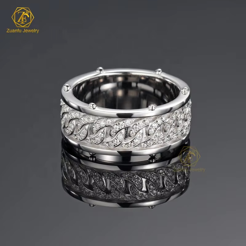 Factory Price White Gold Plated 925 Sterling Silver Vvs Moissanite Diamond 8mm Cuban Link Chain Band Ring for Men