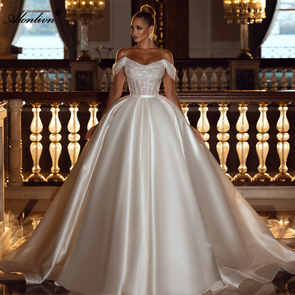 Luxury Satin Off Shoulder Sleeves Ball Gown Wedding Dress Beading Lace Elegant Boat Neck princess Bridal Gowns 2024