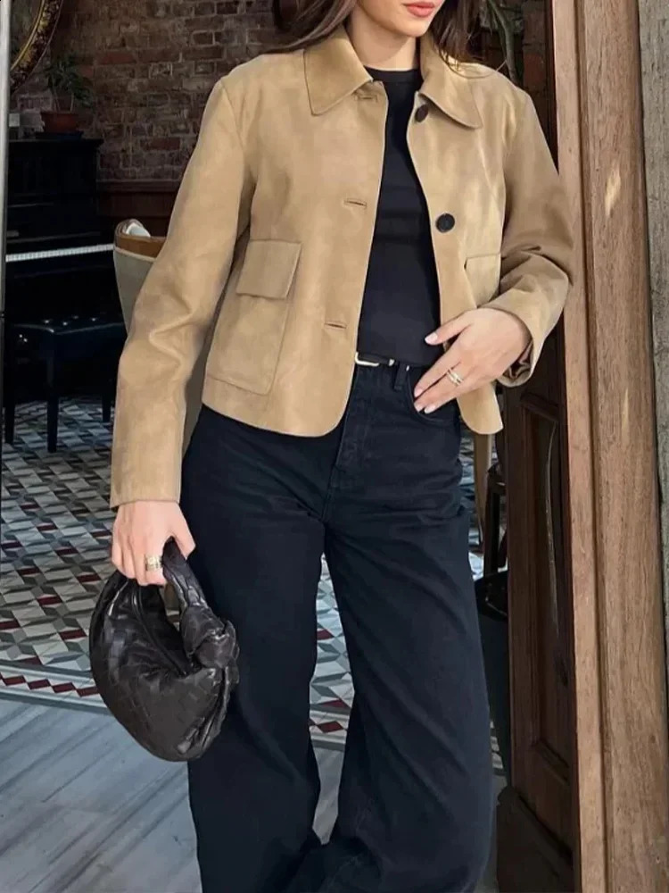 2024 Autumn Womens Street Clothing Fashion Suede Leather Long Sleeve Cutting Jacket Womens Casual Collar Single Chest Pocket Jacket 241118