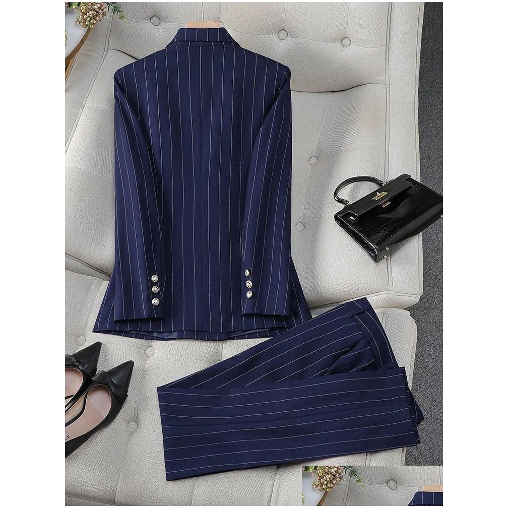 Women'S Suits & Blazers Womens Fashion S-8Xl Office Ladies Formal Pant Suit Set Women Blue Striped Female Business Work Wear 2 Piece Dhoxz