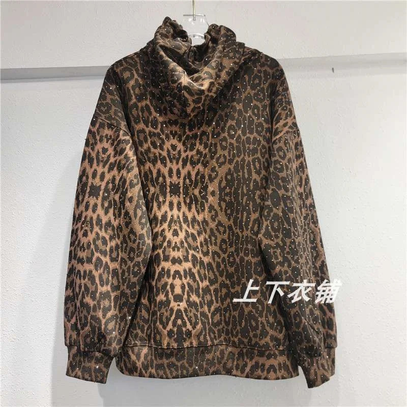 Leopard Print Loose Hooded Coat Leisure Suit Sportswear Women Two Pieces Set Fashion Cardigan Zipper Hoodies Pants TwoPiece 241118