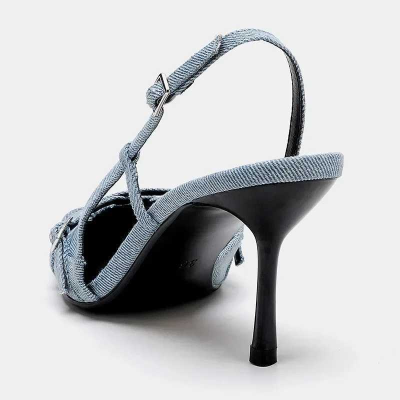 Designer heels TRAF 2024 Summer Warm Denim Blue H Pump Stiletto High Heels Sexy Wan Sandals Fi Hanging Back Corner End Shoes Y241118
