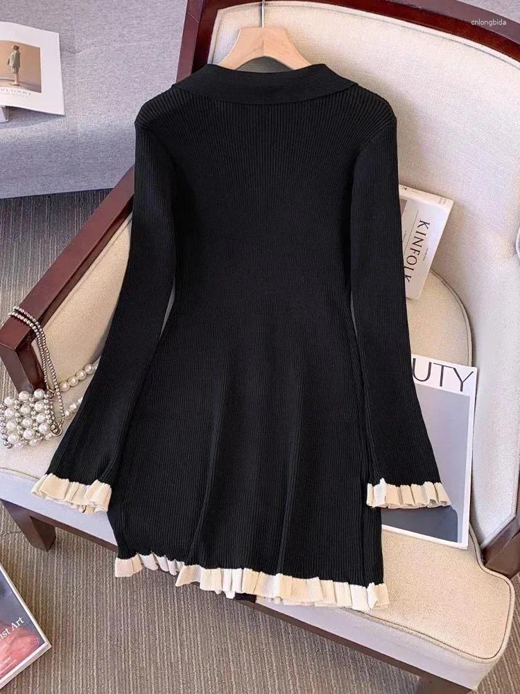 Lanjia- CNLONGBIDA Casual Dresses Autumn Winter French Fashion Old Money Long Sleeve Knit Dress Women 2000S V-Neck Frock Mini One-Piece Vintage Coquet