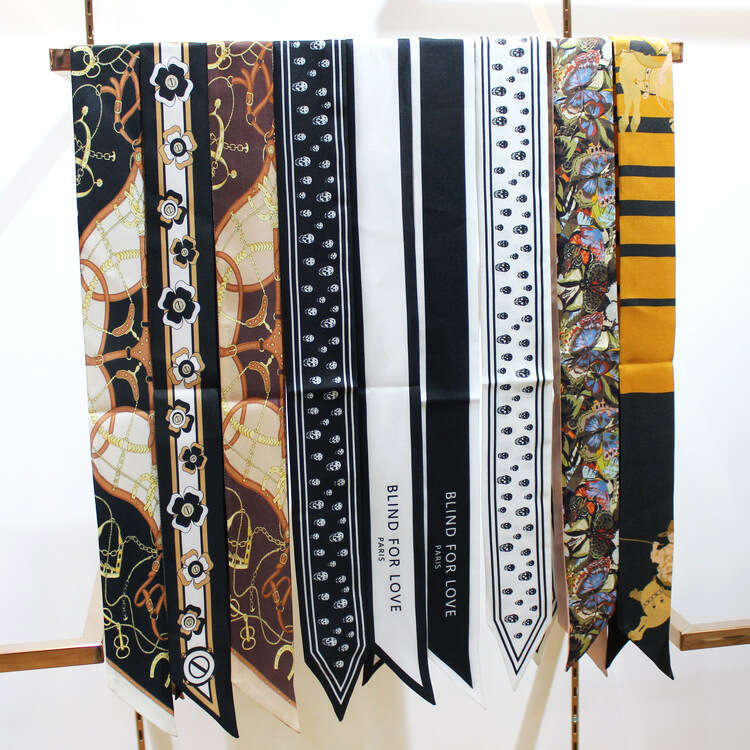 Korean version simple spring summer black and white binding bag, silk twill long scarf decoration, small scarf, women's ribbon belt