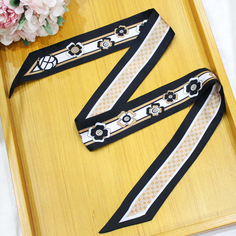 Korean version simple spring summer black and white binding bag, silk twill long scarf decoration, small scarf, women's ribbon belt