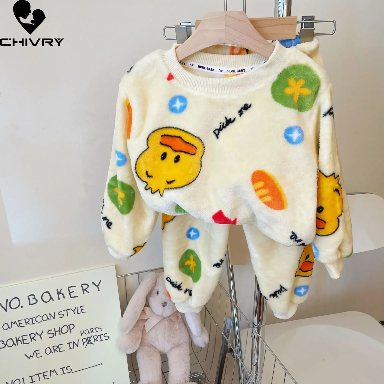 Autumn/Winter Childrens Thick Soft Flannel Pajama Set Baby Boys and Girls Cartoon O-Collar Zipper Warm Pajama Set 241118