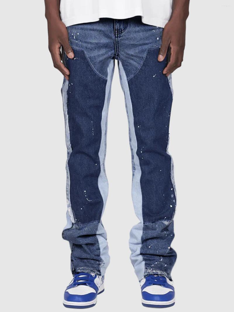 Mens Jeans Hand-painted Black Stacked Flared Pants Contrast Color Spliced Casual Denim Outwear For Male