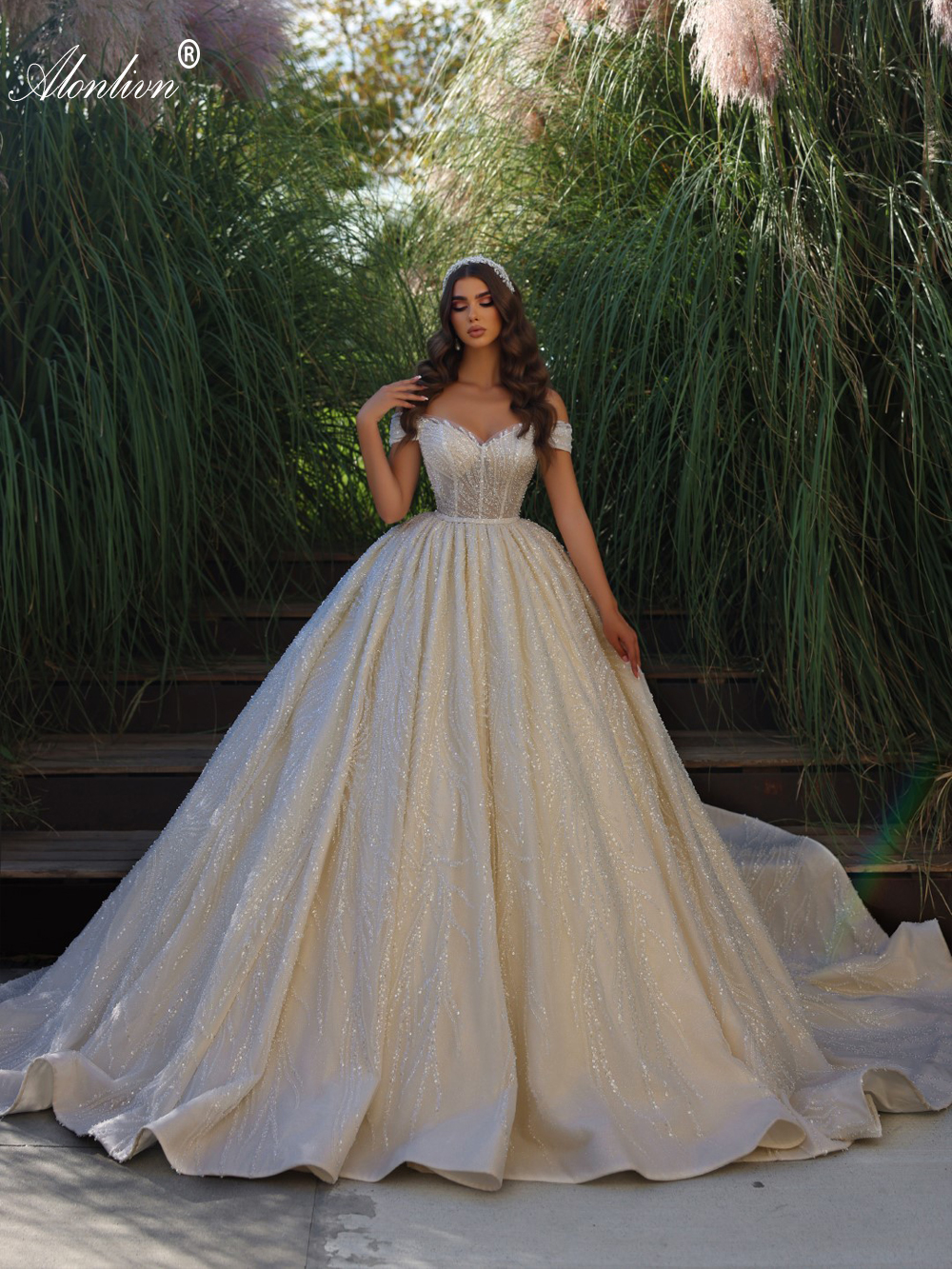 Luxury Beading Embroidery Lace Off Shoulder Sleeves Ball Gown Wedding Dress Delicate Beaded sequined Lace Bridal Gowns Adroned With Chapel Train