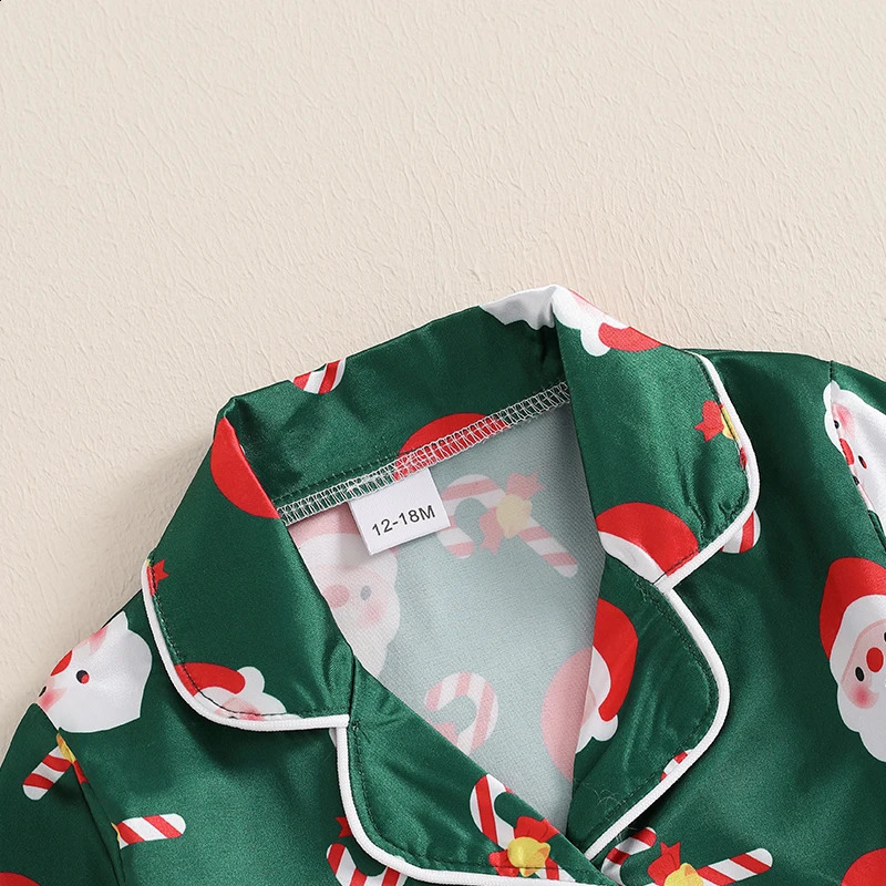 -06-21 Lioraitiin Childrens Girls Christmas Pajama Set Santa Claus Printed Button Long Sleeve Shirt and Elastic Pants Pajama 241118