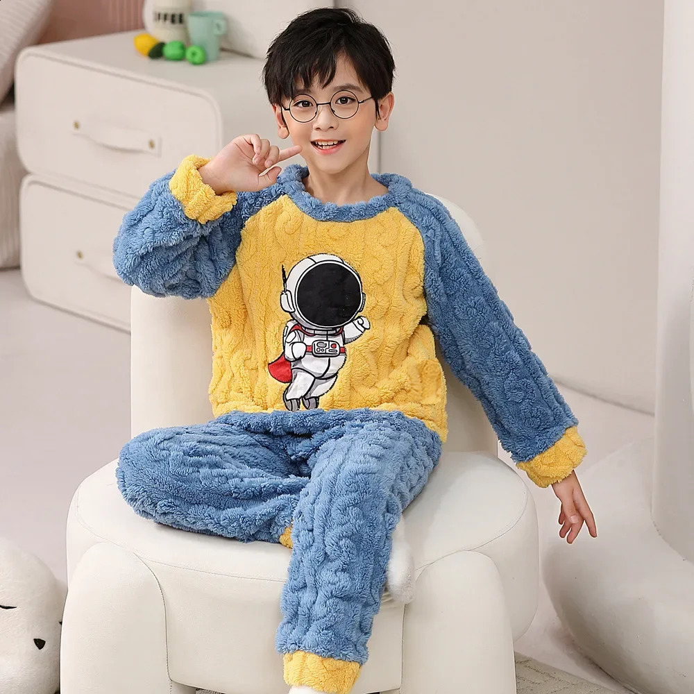 Winter Warm Youth Pajamas Animal Cartoon Bear Childrens Pajama Set Coral Velvet Plush Girls Home Clothing Flannel Boys Pajamas 241118