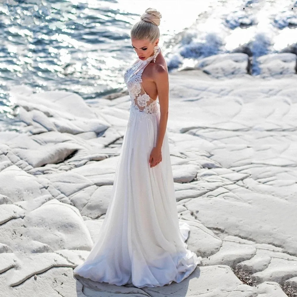 Halter Lace Appliqued A Line Wedding Dresses Summer Beach Boho Chiffon Bridal Gowns With Sexy Reception Dress YD