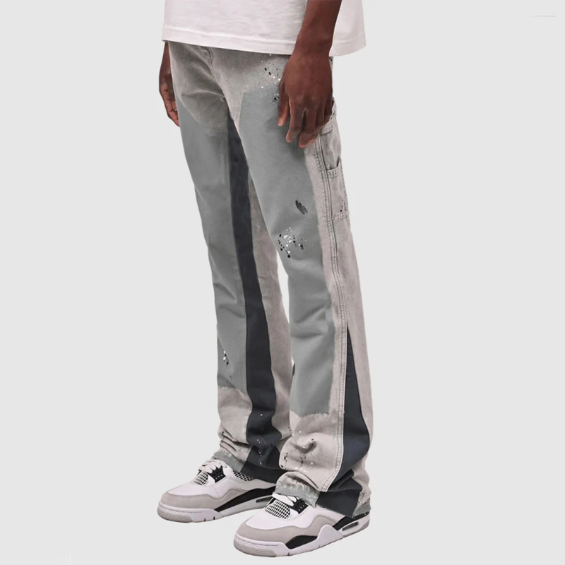 Mens Jeans Hand-painted Black Stacked Flared Pants Contrast Color Spliced Casual Denim Outwear For Male