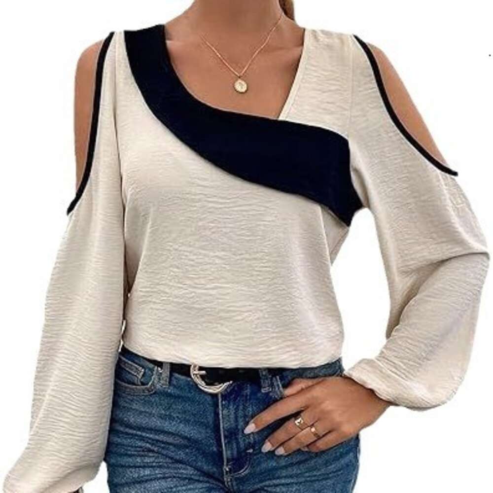 2024 Shirt Off Shoulder Patchwork Long Sleeved Fashionable Loose Fitting Women's Top F41829