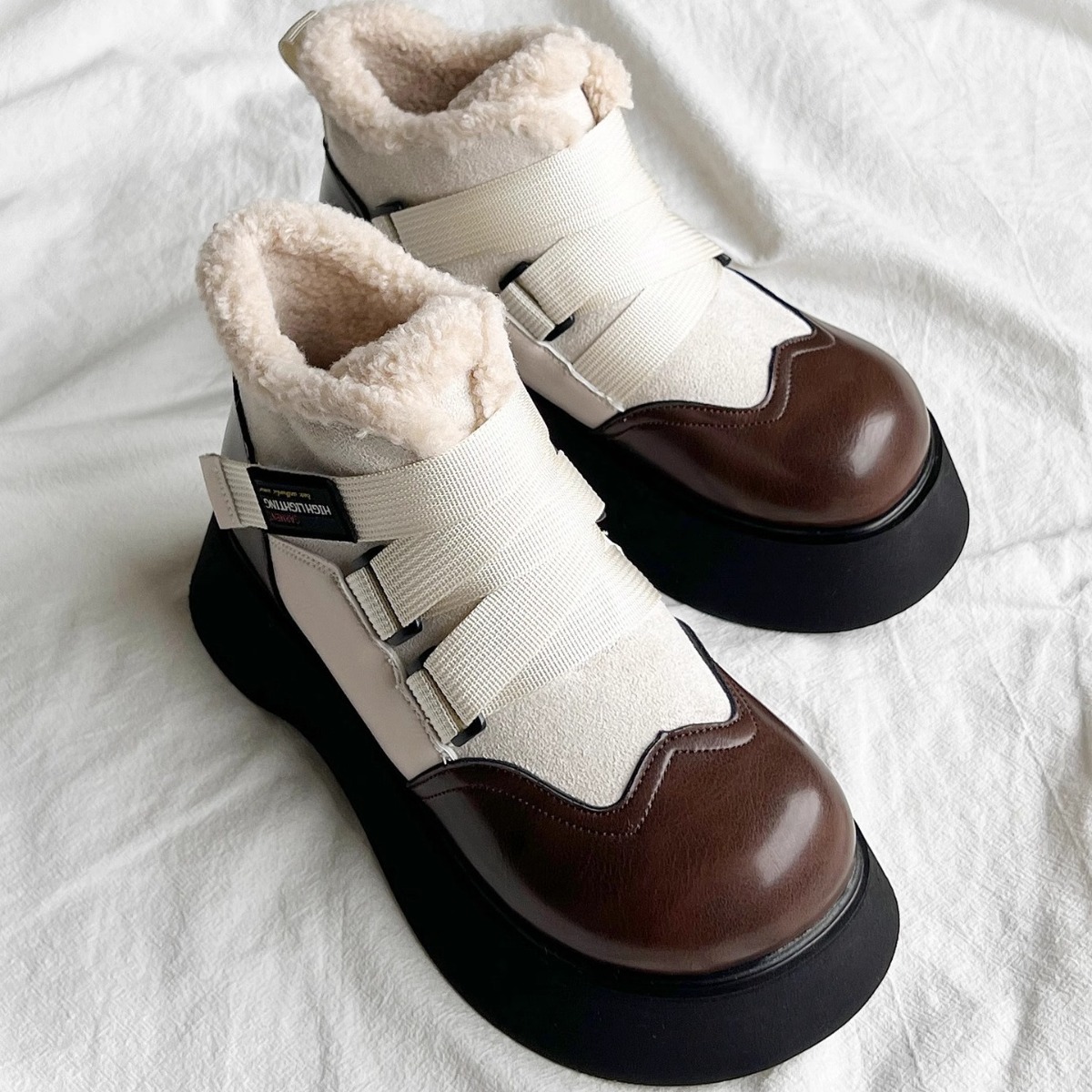 Women's Boots:Thick Sole Increase Height Short 2024 Design Sense Winter Warm Martin Boots Cotton Anti-Slip Snow Boots,Brown/Beige,fashion