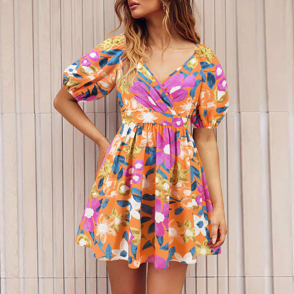 Women's 2024 Summer New V-neck Printed Beach Skirt Lantern Sleeves Short Dress F41843