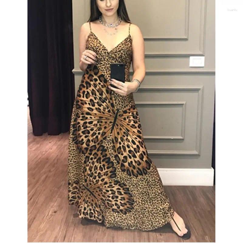Casual Dresses Y2K INS Sexy Strap Sleeveless V Neck High Waist Vacation Dress Elegant Leopard Butterfly Print Bohemian For Women