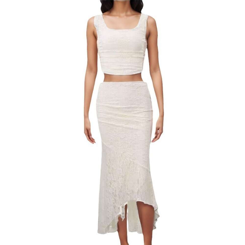 Women's Spring/summer New Sexy Spicy Girl Pleated Backband Top French Style Lace Skirt Set F41828