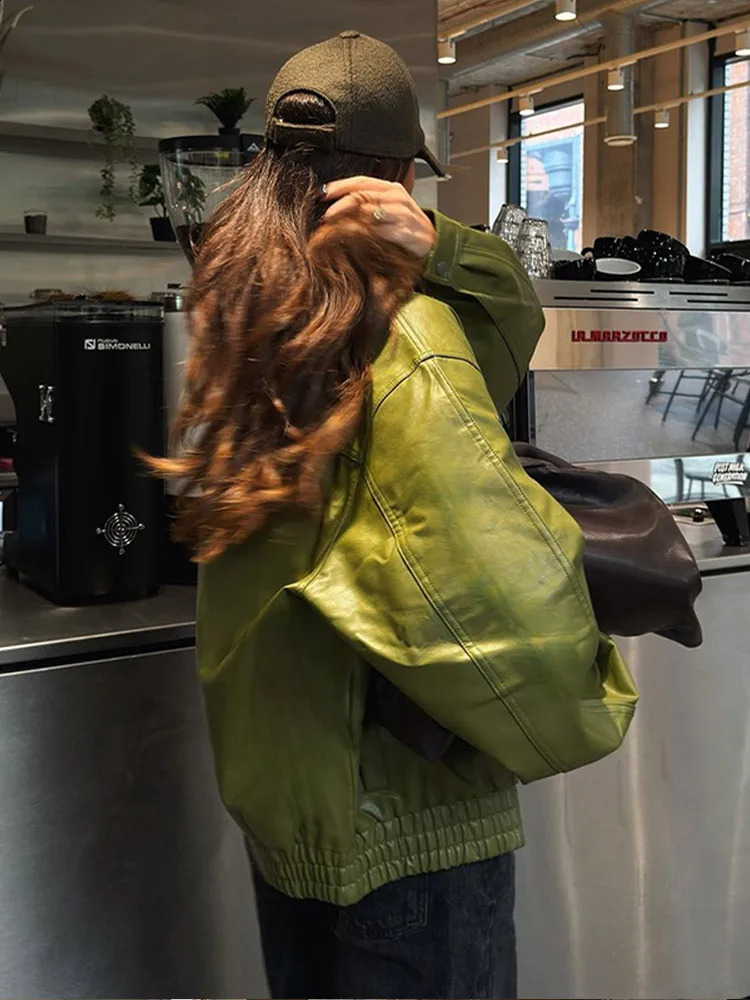 2024 Chic Avocado Green Single Breasted Leather Jackets Fashion Oversized Lapel Zipper Coats Lady Motocycle Streetwear 241118