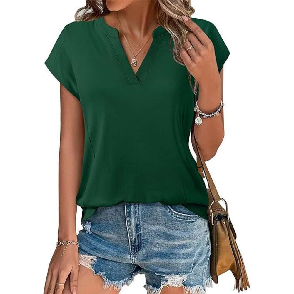 Women's 2024 Spring/summer Solid V-neck Casual Loose Short Sleeved T-shirtF41829