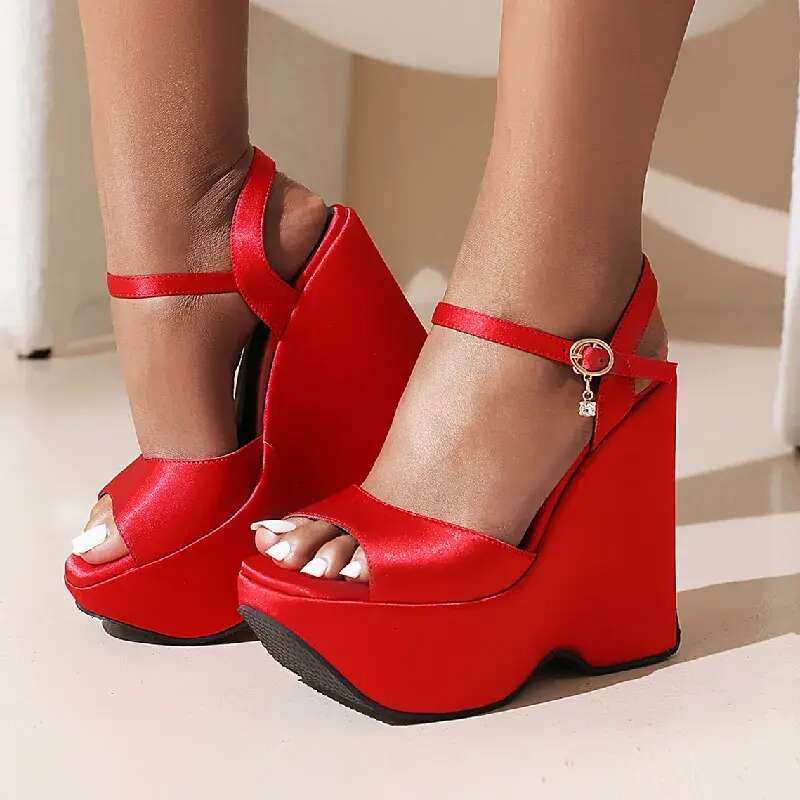 Sexy Punk High Heels Sandals Women Summer Platform Satin Red White Black Wedge Heeled Party Fetish Wedding Shoes Ladies a582