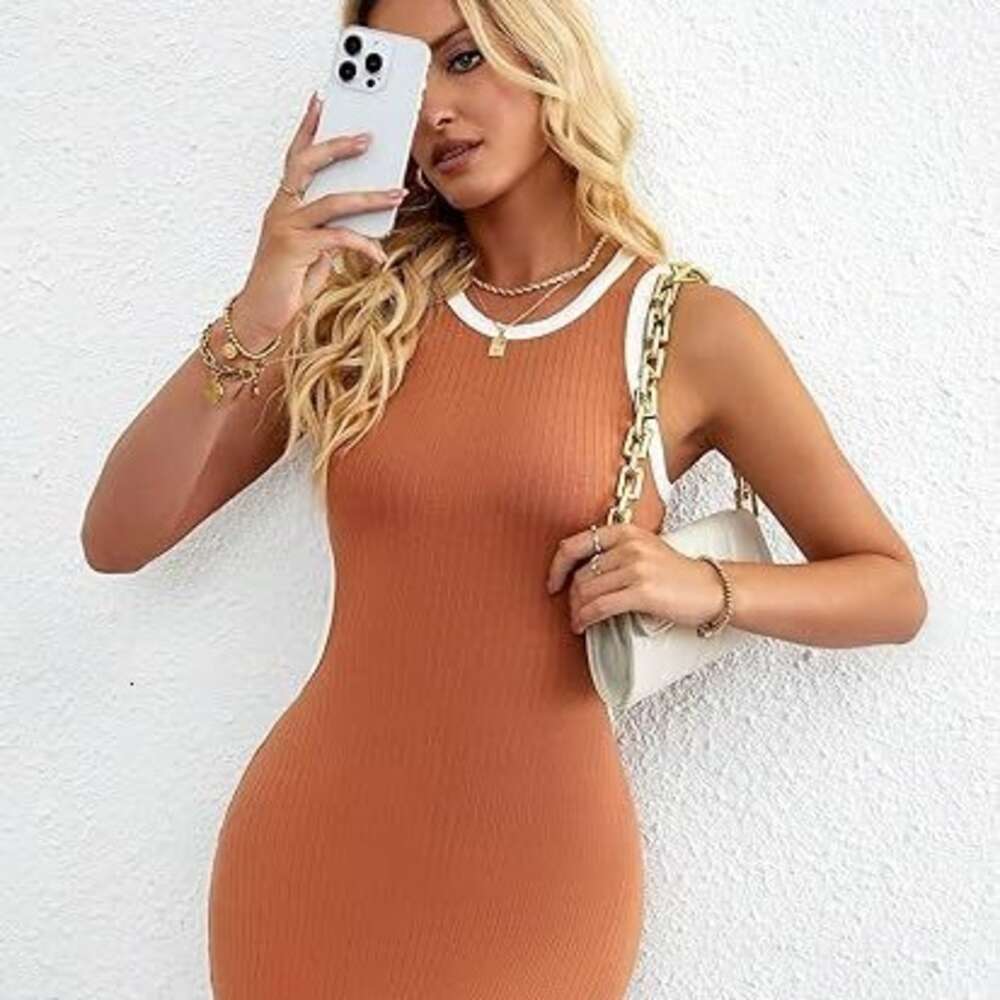 Women's 2024 New Ribbed Pit Stripe Off Waist Fashion Wrap Hip Dress Vest Skirt F41827